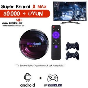 Kinhank Super Konsol X MAX 64GB ÇİFT JOYSTİCK 50.000+ OYUN 50+ OYUN KONSOLU + 4K 32G Android TV 9.0PSP/PS1/SNES/NES/N64/DC/NEO G